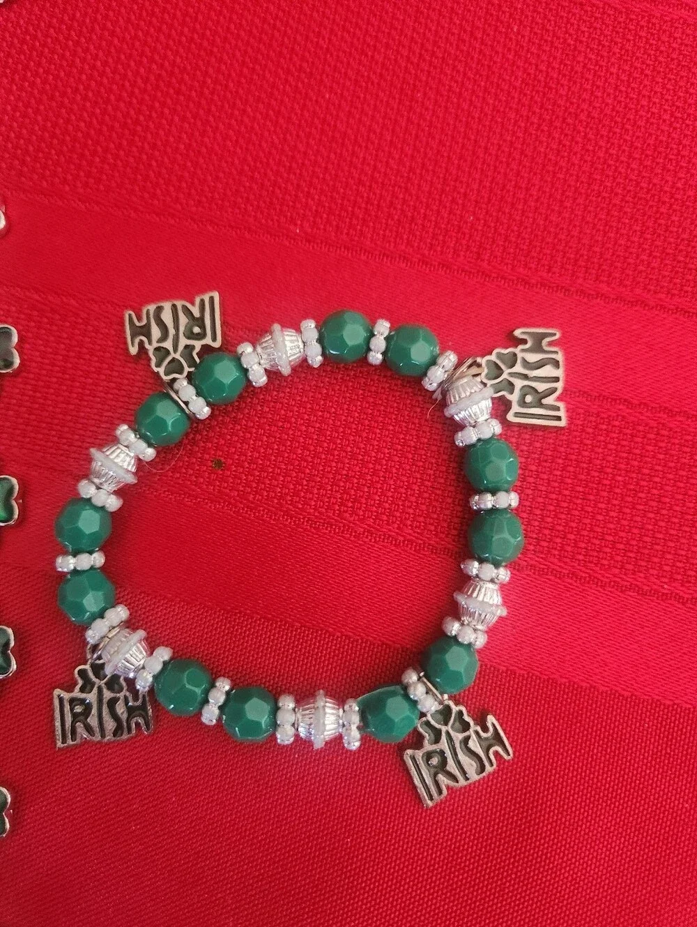 Green Shamrock Charm Bracelet and Beaded Irish Stretch Bracelet Set